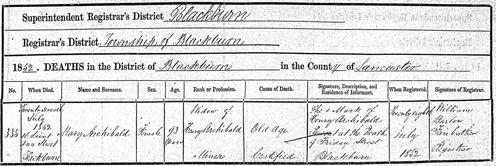 Mary's death certificate